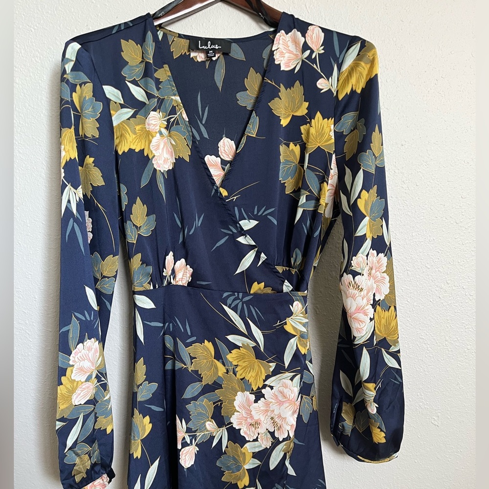 Lulu's Blue Wrap Dress with V-Neck and Long Bishop Sleeves